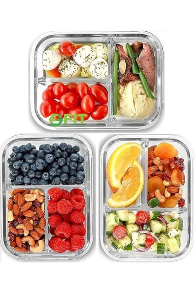 FIT STRONG & HEALTHY حاويات زجاجية لتخزين الطعام بثلاثة أقسام وأغطية [3 قطع، ...
