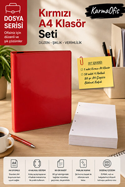 KarmaOfis A4 4-Ring Red Folder Set 50 Sheets 80 Gr Unlined Notepad Paper