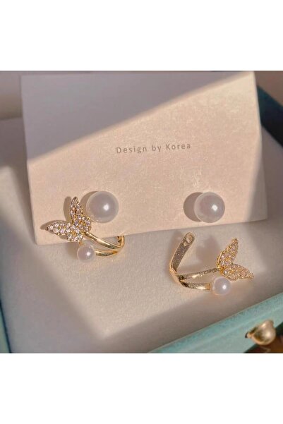 Glamluxe أقراط نسائية ذهبية على شكل فراشة مرصعة بالزركون واللؤلؤ
