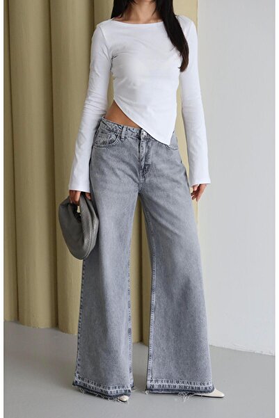 Moda Days Pantaloni de damă GRI, cu talie înaltă, cu picior extra larg, din d...