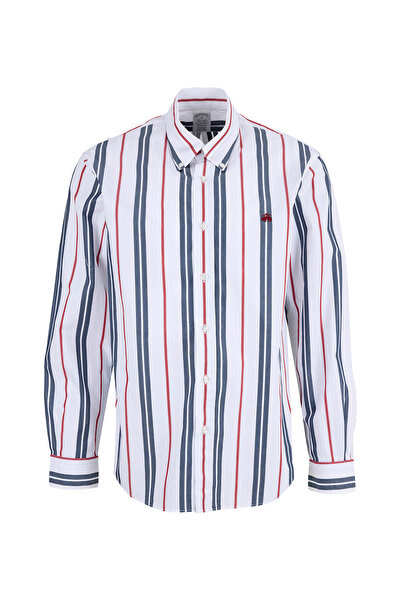 BROOKS BROTHERS Beyaz Erkek Düğmeli Slim Fit Çizgili Gömlek BBSS26MSH016