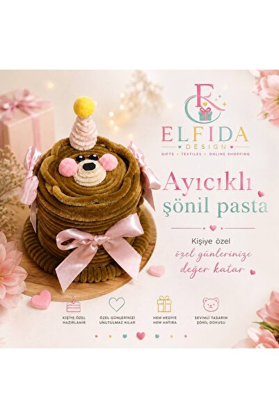 Elfida Design Ölümsüz Şönil Pasta - Kişiye Özel Doğum Günü Hediyesi / 12 Haribo Minis / Takı Kutusu