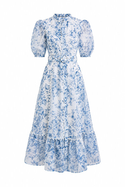 HAZELANNA Belted Blue Floral Dress