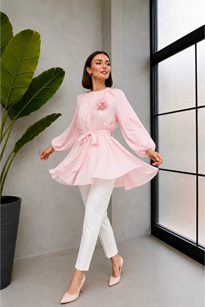 Moda Algan Çiçek Detaylı Tunik MA10040 Pembe