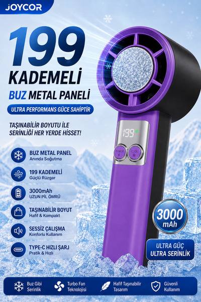 JOYCOR El Fanı 199 Kademeli Buz Metal Panelli Turbo El Vantilatörü 3000mAh Ty...