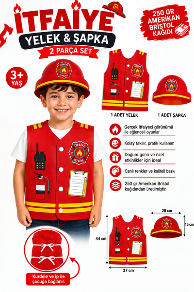 GREATOY Firefighter Costume Kids Cardboard Vest and Hat 2 Piece Occupation Costume Birthday Party (One Size 3-9 Years Old)