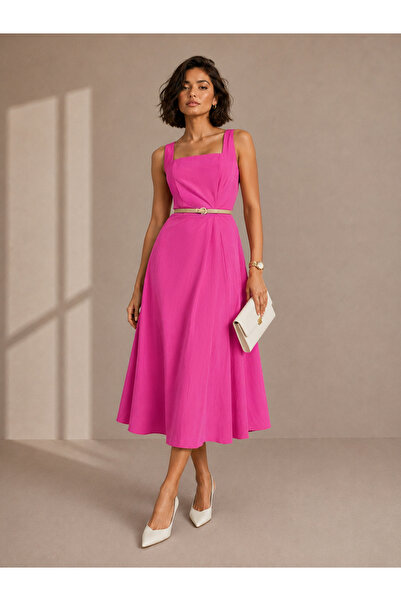 Styli Pink Solid Square Neck Sleeveless A-Line Midi Dress