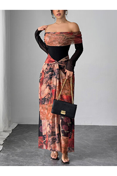 Take Two By Styli Off Shoulder Printed Maxi Dress with Sheer Sleeve