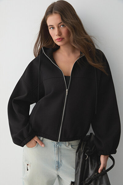 ETHIQUET VALIT Kadın Çift Cepli Eteği Ve Kol Ucu Lastikli Fermuarlı Oversize Siyah Sweatshirt