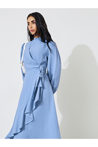 Styli Blue Side Waist Straps Wrap Midi Dress with Ruffled Edges