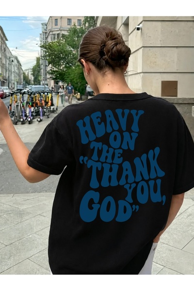 Generic Brand HEAVY ON THE 'THANK YOU, GOD' Slogan,100% cotton,crew neck,casu...