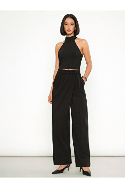 Sassafras By Styli Black Halter Neck Top and Wrap Straight Pants Set
