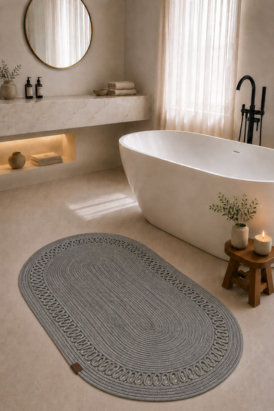 Jüt Hasır Lüks Banyo Paspas, Örgü Yıkanabilir 2'li Klozet Takımı -Gri 40x60 + 60x100 cm