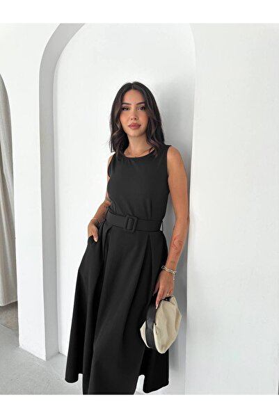 BE CHİC Women's Black Belted Sleeveless Midi Length Flawed Dress Kk1000
