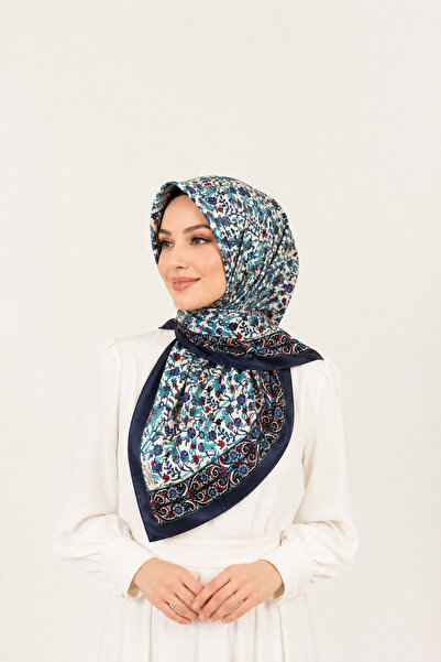 Fevora Navy Blue Floral Patterned Square Shawl – Elegant and Stylish Design