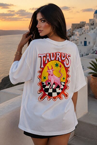 GIA - ART Women's Oversize T-Shirt Taurus Printed White – Crew Neck, Comforta...