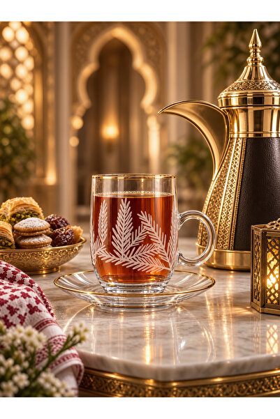 Nimet Luxury 12-Piece Glass Tea Cup & Saucer Set 75 ml | Gold-Rim White Leaf ...