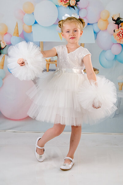 DAFİTO KİDS Girl's Short Sleeve Pompom Sleeve Evening Dress Birthday Dress White
