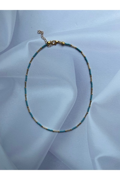 Burçin Örbük Accessory Petrol Mavi Kum Boncuk Gold Boru Detaylı Kolye