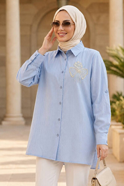 N.S NEVA STYLE Düğmeli Mavi Çilek Kumaş Tesettür Tunik 11201M