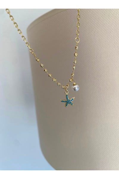 Bade Jewelry Fd Vip Gold Blue Stone Starfish & Pendant Pearl Detailed Anti-Ta...