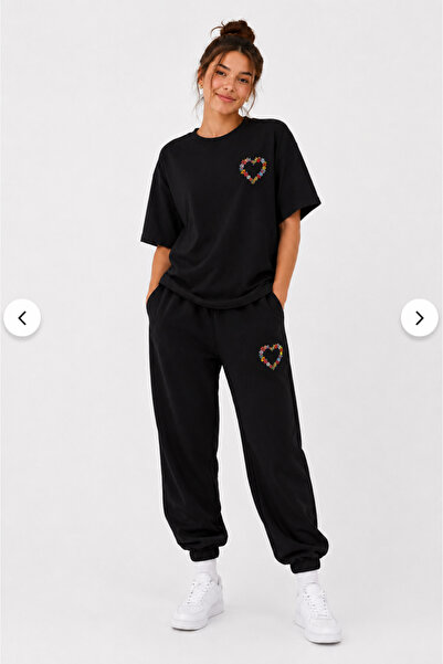 JAWÜ STYLE Floral Heart Detailed Oversize Cotton T-Shirt Tracksuit Set