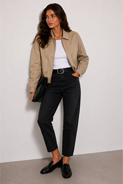 Noxter Pantaloni negri pentru femei, model talie înaltă Mom Fit