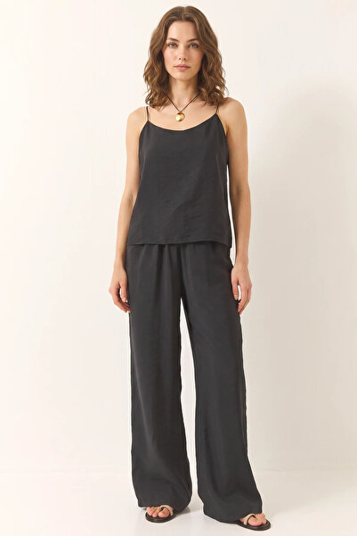 Şeker Portakalım Women's Strappy Woven Black Top and Bottom Set