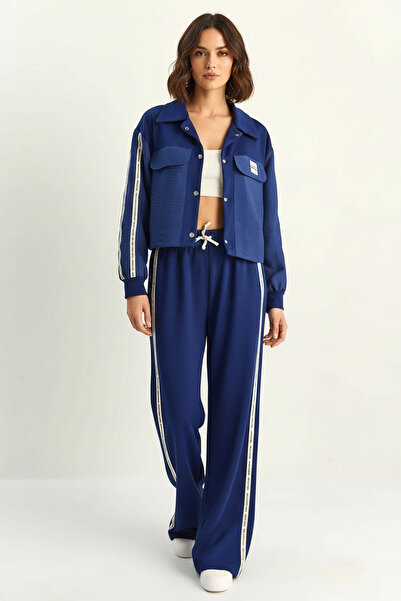 Generic Brand Women's Stripe Detailed Contrast Textured Jacket Wide Leg Navy ...