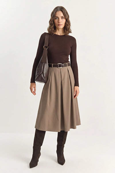 Efnaz style Women's Pleated Detailed Midi Length Belted Milk Brown Skirt