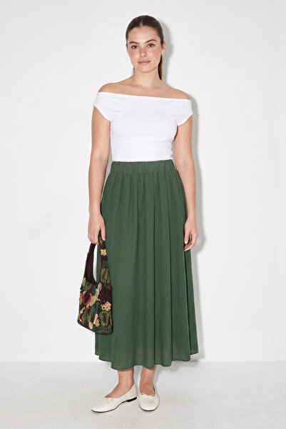 Generic Brand Women's Elastic Waist Pocket Detailed Maxi Green Skirt