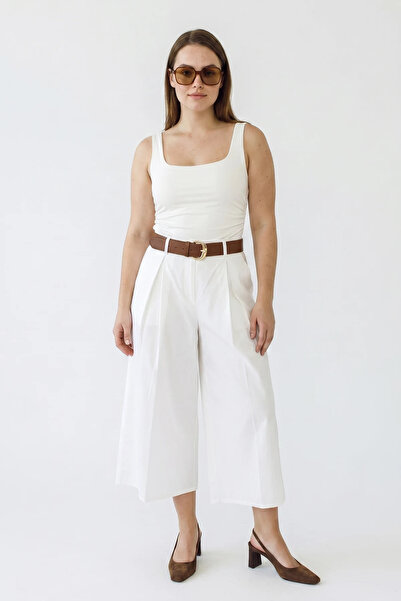 Efnaz style Women's High Waist Pleated Detailed Wide Leg Culotte White Trousers