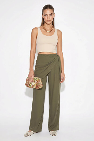 Efnaz style Women's High Waist Tie-Detail Wide Leg Viscose Trousers Dp Green