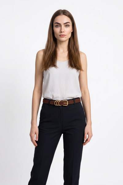 Efnaz style Women's Square Buckle Ring-Loop Thin Suede Belt Tan