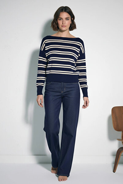 Generic Brand Women's Boat Neck Striped Knitwear Navy Blue Sweater