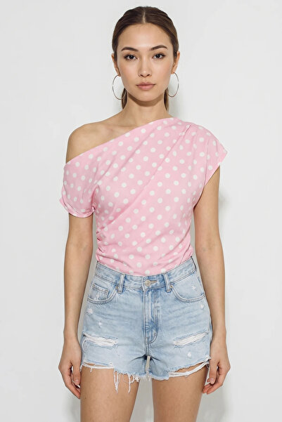 Efnaz style Women's Boat Neck Draped Polka Dot Pink Blouse