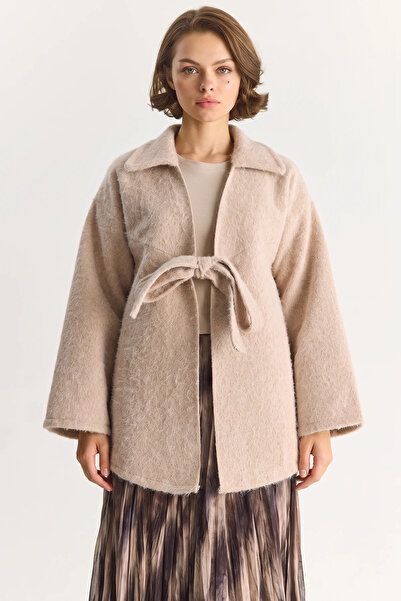 Şeker Portakalım Women's Shirt Collar Tie Detail Washed Cashmere Beige Coat