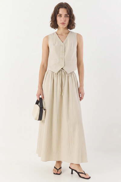 Şeker Portakalım Women's Beige Suit with Vest and Pocket Detail, Flared Skirt