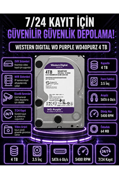 DİSK BANK 4 TB PURPLE 3.5 İnç WD40PURZ Kamera, DVR ve NVR Kayıt Sistemi Diski