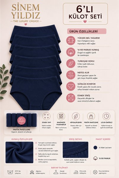 Sinem Yıldız Çamaşırları Sinem Yıldız Women's 95% Cotton High Waist Panties 6-Pack