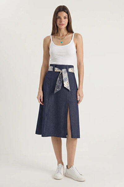 Generic Brand Women's Slit Detailed Patterned Satin Belted Midi Length Denim ...