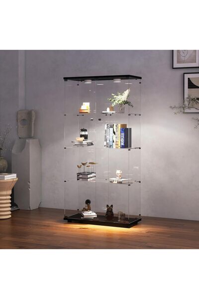 MODERN 64.5'' Glass Display Cabinet in Clear with Lock and Lights, Lighted Cu...