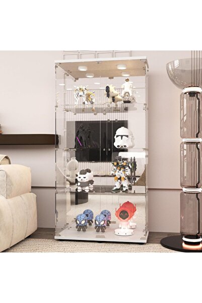MODERN LFT HUIMEI2Y 4-Tier Glass Cabinet with Mirror&LED, Display Case White ...