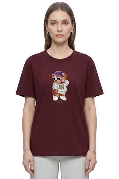 DK DAKSEL Women's Burgundy Lovely Teddy Bear Printed T-Shirt 100% Cotton Comf...