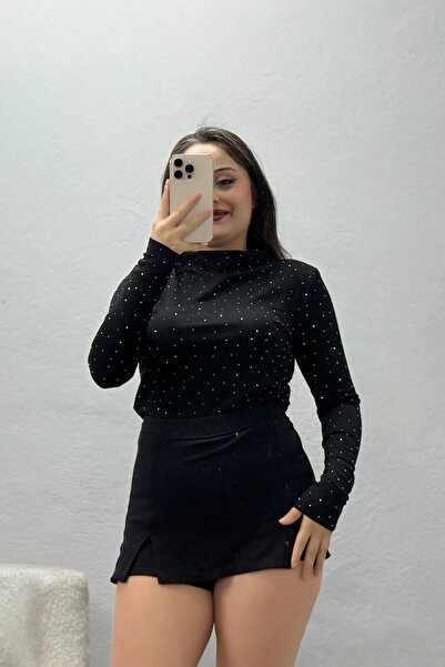 BELENDİR Women's Modal Stone-Embellished High-Neck Blouse Black