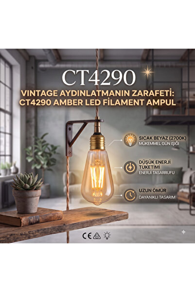Cata CT-4290 8W Rustik LED Ampul E27 Amber / Filament Dekoratif Ampul