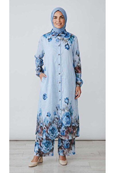 ECE GİYİM Women's Tunic with Front Buttons, Pockets, Patterned Collage, Elast...