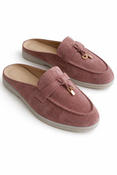 a ayak&kabım official Liora Powder Genuine Leather Suede Women's Loafer Mule Slippers with Gold Accessories