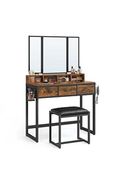 VASAGLE Dressing Table with Mirror and Stool, Vanity Table with Tri-Fold Mirr...