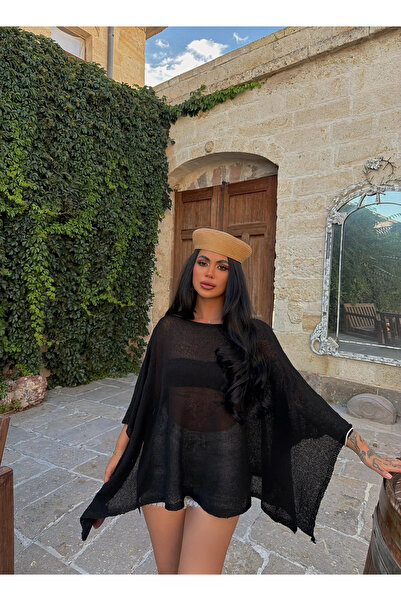 kırmızı butiks Siyah Oversize Batwing Triko Panço